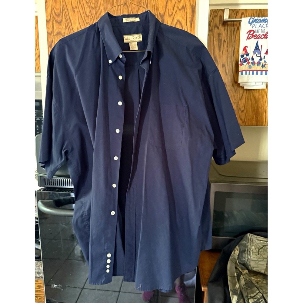 Sun River Mens 2XL Blue Solid Short Sleeve Button Up Shirt Wrinkle Stain Resist
